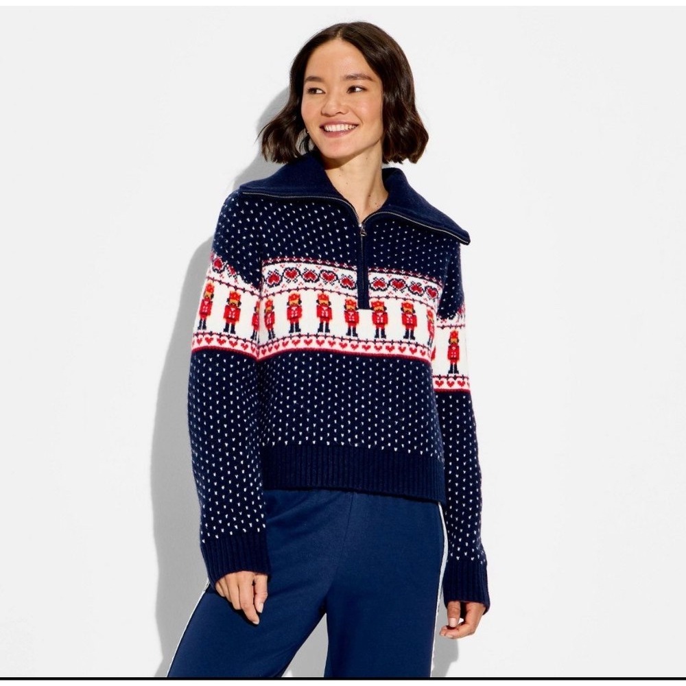 Wild Fable Navy Nutcracker Fair Isle Quarter Zip Sweater XL Holiday Heart Knit